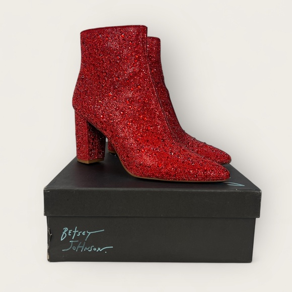 Betsey Johnson Cady Boots Red Rhinestones Sparkly Side Zip Bootie Swifties 9 EUC - Picture 1 of 16